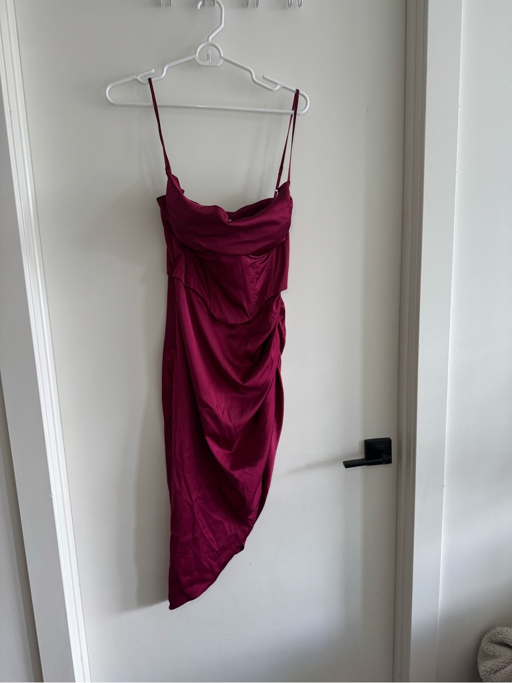 Oh Polly Asymmetrical Satin Slip Dress in Burgundy